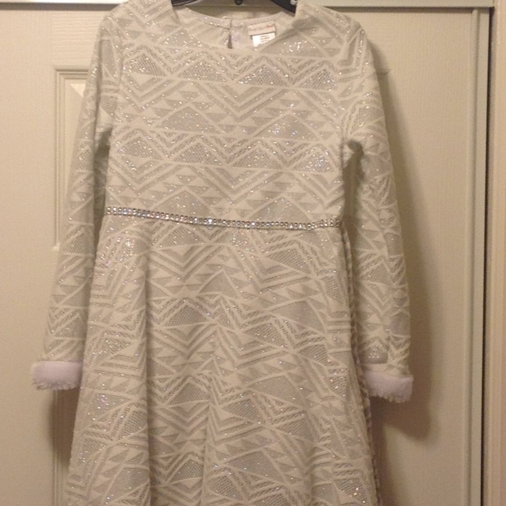 White and silver formal dress with faux fur